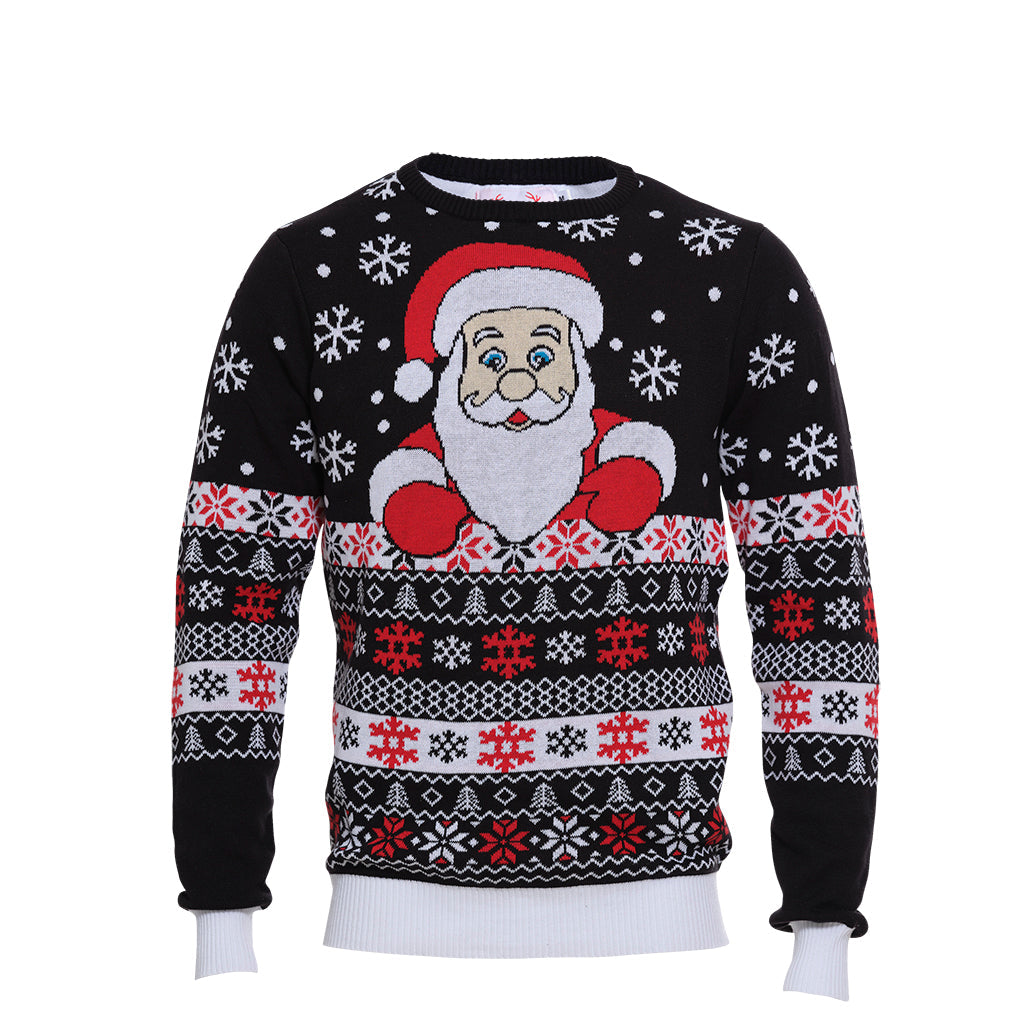 En mörkblå jultröja med jultomten och snöflingor på.